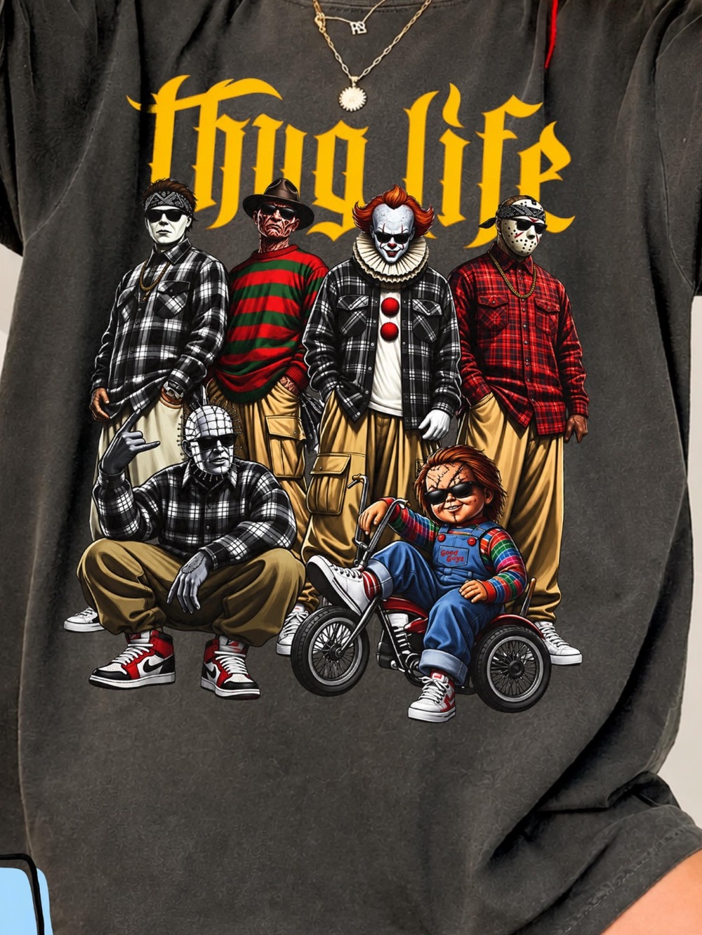 Mens Black Graphic 'Thug Life' Horror Character Tee